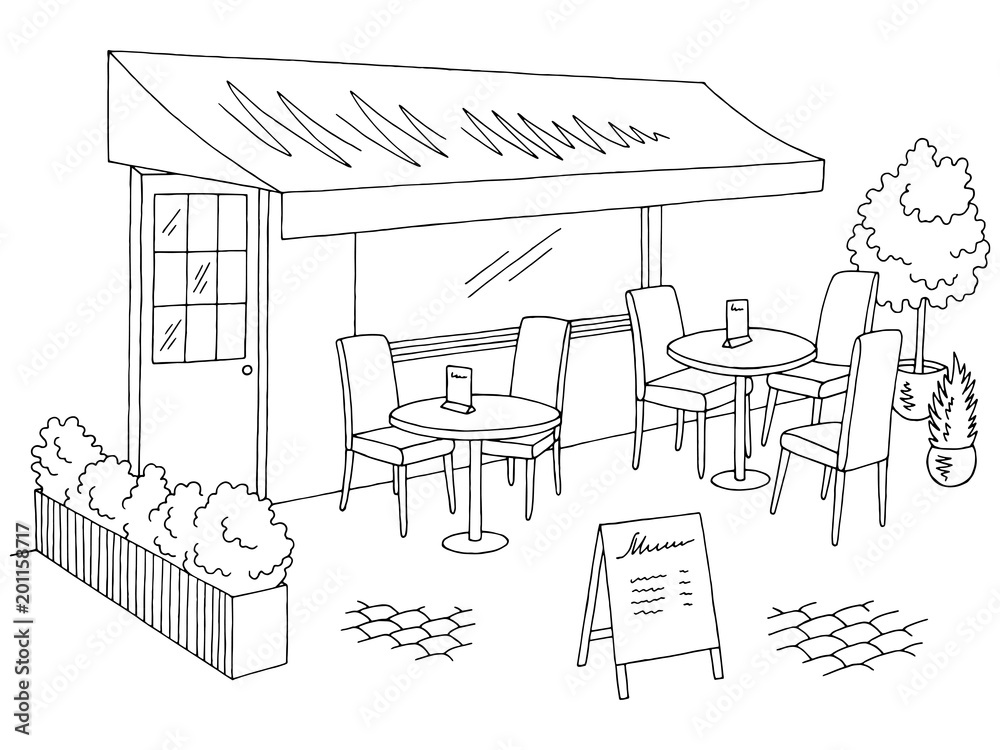 Street cafe graphic black white sketch exterior illustration vector