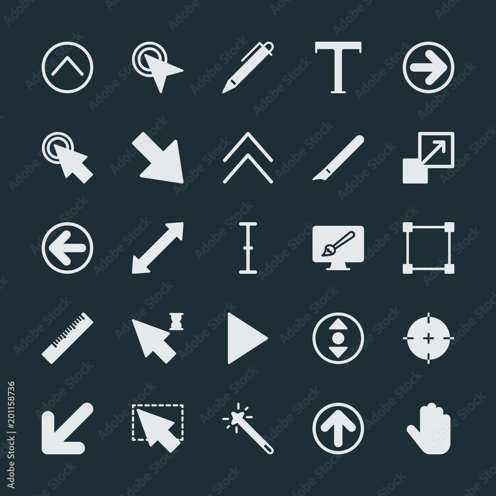 Modern Simple Set of arrows, cursors, design Vector fill Icons. ..Contains such Icons as right, white, design, tool, click, write, text and more on dark background. Fully Editable. Pixel Perfect. Modern Simple Set of arrows, cursors, design Vector fill Icons. ..Contains such Icons as right, white, design, tool, click, write, text and more on dark background. Fully Editable. Pixel Perfect.