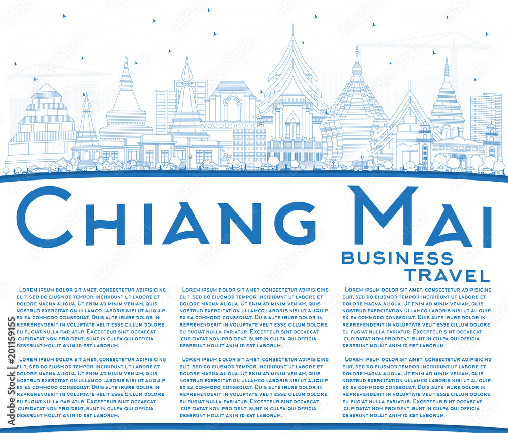 Naklejka premium Outline Chiang Mai Thailand City Skyline with Blue Buildings and Copy Space.