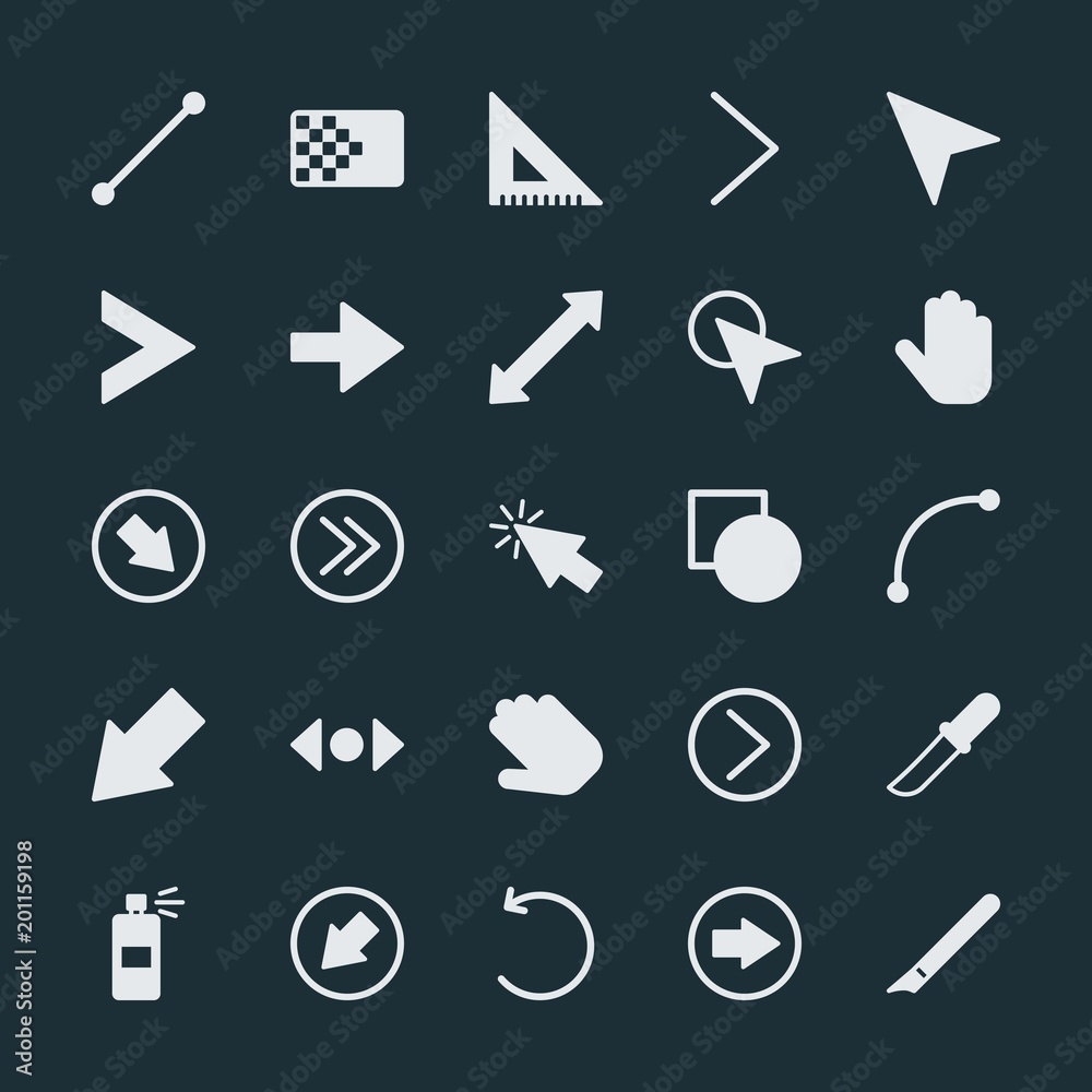Modern Simple Set of arrows, cursors, design Vector fill Icons. ..Contains such Icons as arrow, knife, design, symbol, paint, hand, next and more on dark background. Fully Editable. Pixel Perfect. Modern Simple Set of arrows, cursors, design Vector fill Icons. ..Contains such Icons as arrow, knife, design, symbol, paint, hand, next and more on dark background. Fully Editable. Pixel Perfect.