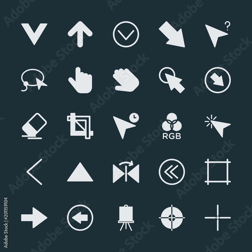 Modern Simple Set of arrows, cursors, design Vector fill Icons. ..Contains such Icons as  technology,  click, arrow,  left,  right,  sign and more on dark background. Fully Editable. Pixel Perfect.