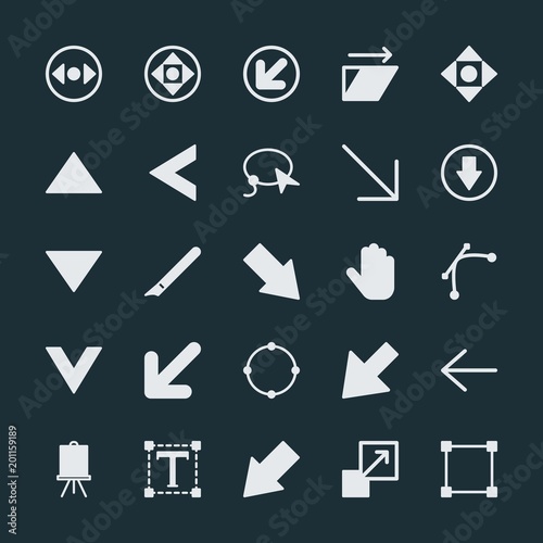 Modern Simple Set of arrows, cursors, design Vector fill Icons. ..Contains such Icons as equipment, paragraph, direction, enlarge, up and more on dark background. Fully Editable. Pixel Perfect.