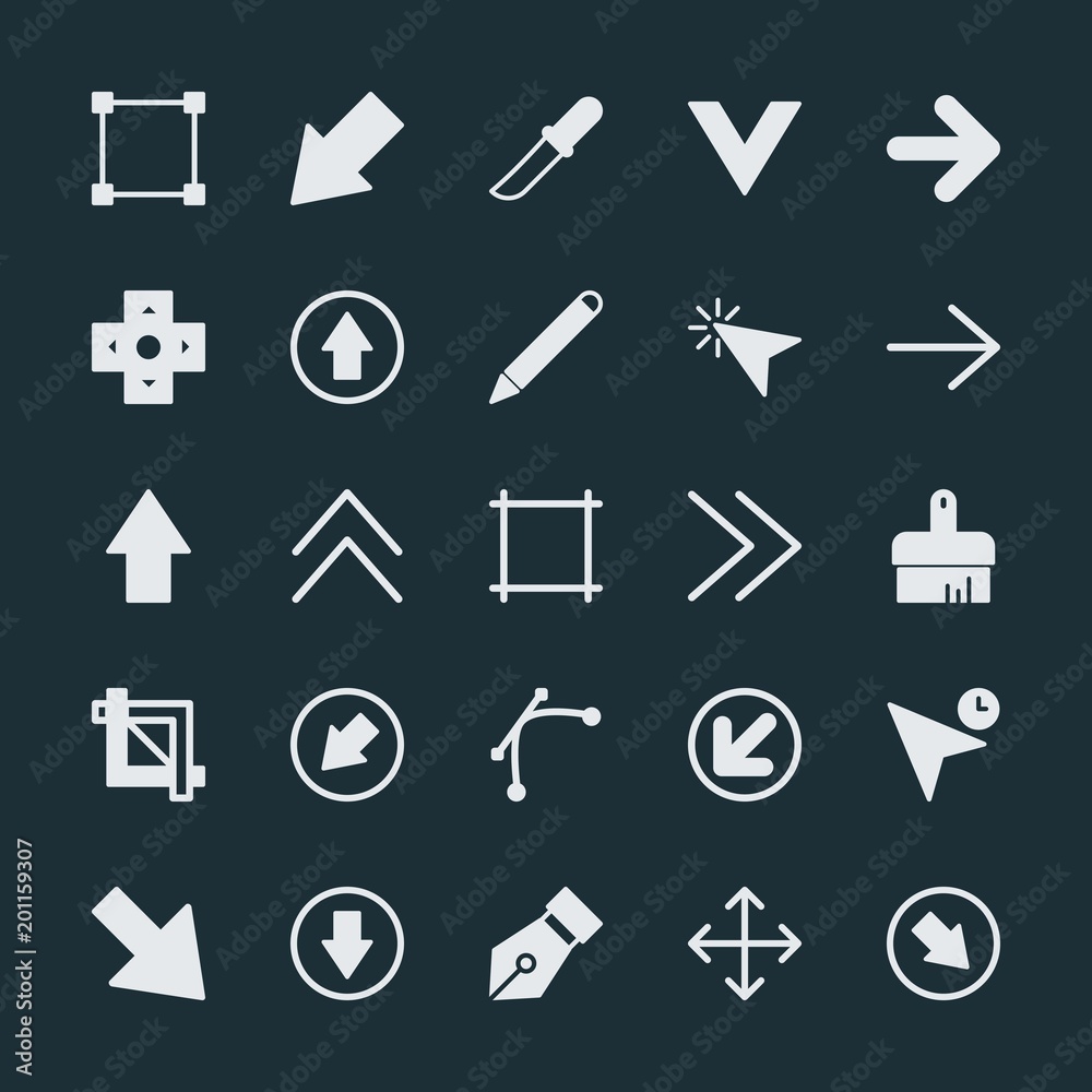 Modern Simple Set of arrows, cursors, design Vector fill Icons. ..Contains such Icons as sign, box, cursor, circle, brush, paint, click and more on dark background. Fully Editable. Pixel Perfect. Modern Simple Set of arrows, cursors, design Vector fill Icons. ..Contains such Icons as sign, box, cursor, circle, brush, paint, click and more on dark background. Fully Editable. Pixel Perfect.