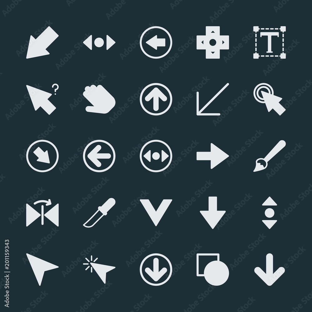 Modern Simple Set of arrows, cursors, design Vector fill Icons. ..Contains such Icons as pointer, banner, paint, horizontal, folder, icon and more on dark background. Fully Editable. Pixel Perfect. Modern Simple Set of arrows, cursors, design Vector fill Icons. ..Contains such Icons as pointer, banner, paint, horizontal, folder, icon and more on dark background. Fully Editable. Pixel Perfect.