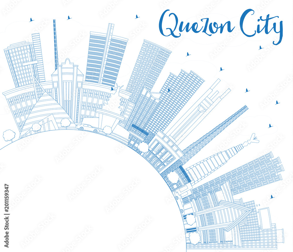 Outline Quezon City Philippines Skyline with Blue Buildings and Copy Space.