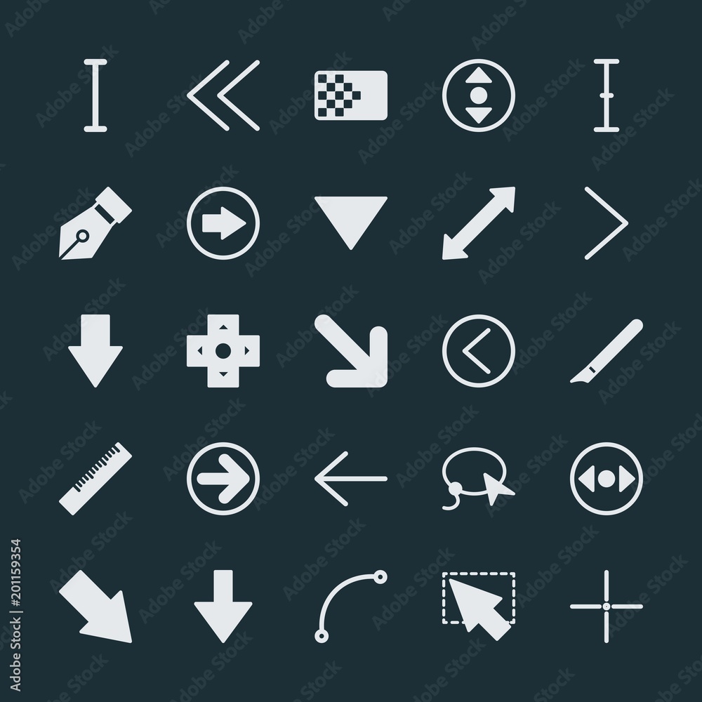 Modern Simple Set of arrows, cursors, design Vector fill Icons. ..Contains such Icons as arrow, design, previous, symbol, double, mouse and more on dark background. Fully Editable. Pixel Perfect. Modern Simple Set of arrows, cursors, design Vector fill Icons. ..Contains such Icons as arrow, design, previous, symbol, double, mouse and more on dark background. Fully Editable. Pixel Perfect.