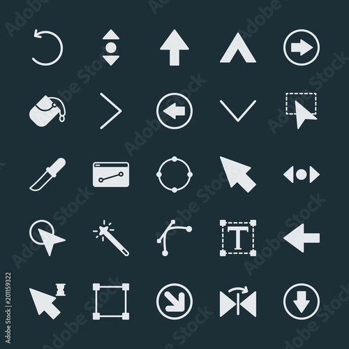 Modern Simple Set of arrows, cursors, design Vector fill Icons. ..Contains such Icons as document, website, bucket, circular, text, up and more on dark background. Fully Editable. Pixel Perfect.