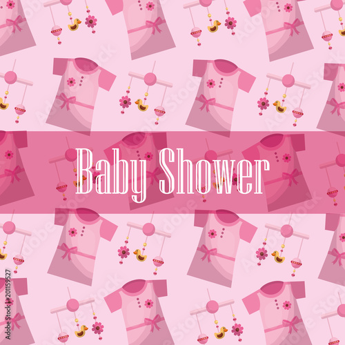 happy baby shower many baby crib mobile pink girl celebration born clothes vector illustration
