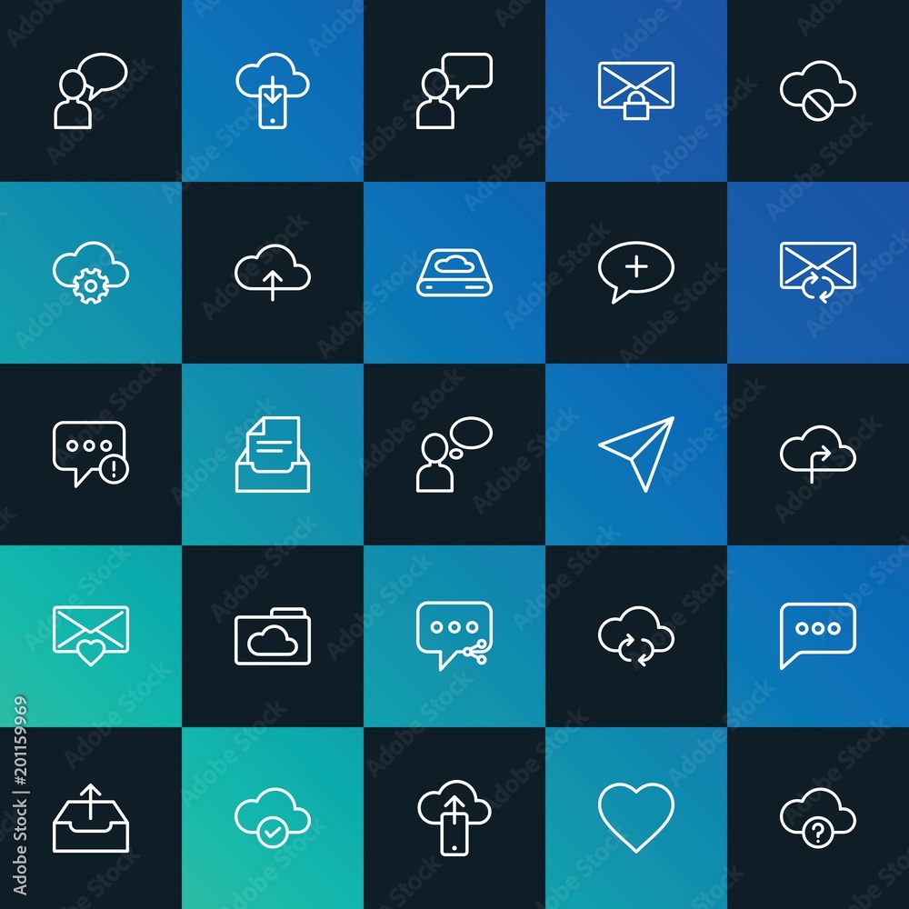 Modern Simple Set of cloud and networking, chat and messenger, email Vector outline Icons. ..Contains such Icons as  sync,  new and more on dark and gradient background. Fully Editable. Pixel Perfect.