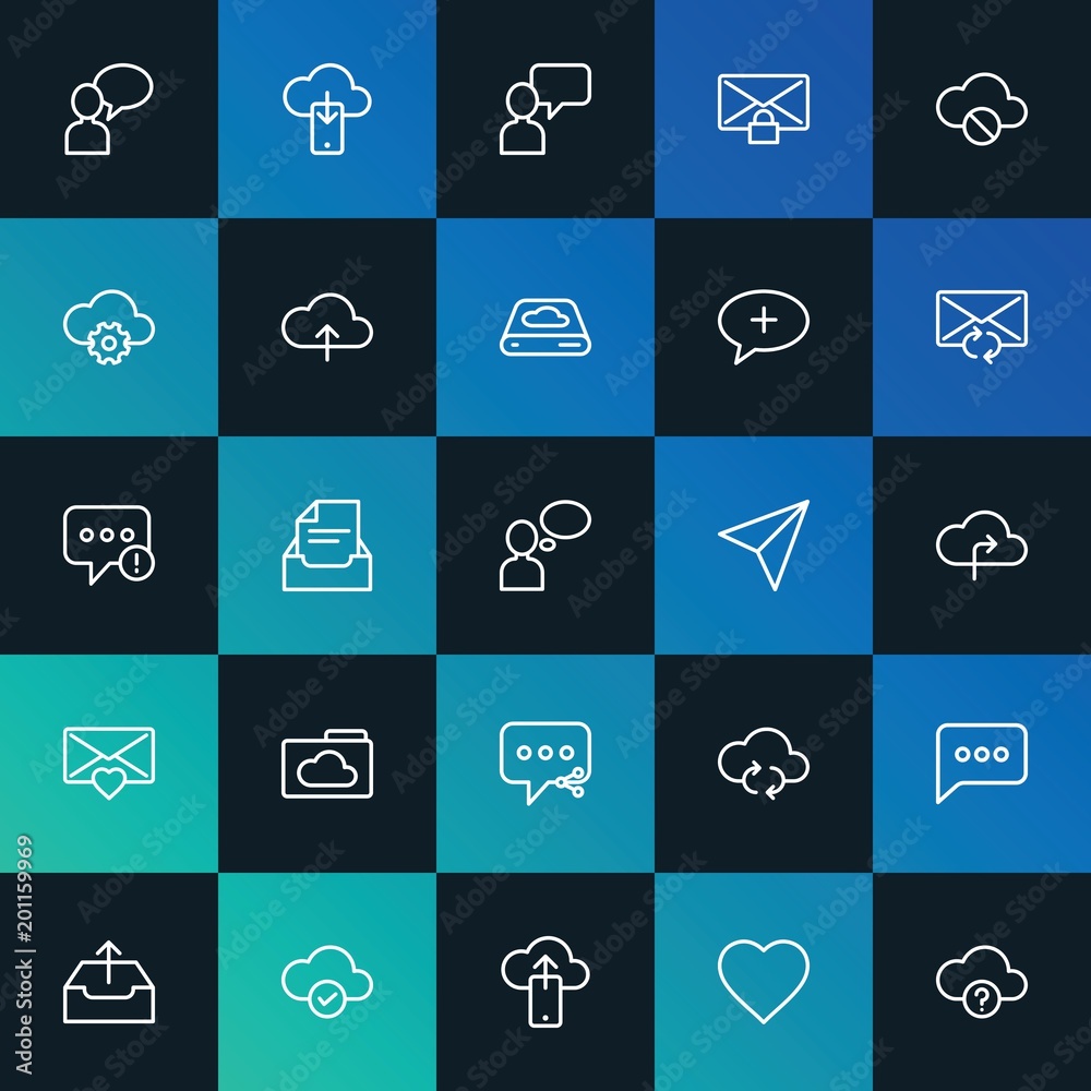 Modern Simple Set of cloud and networking, chat and messenger, email Vector outline Icons. ..Contains such Icons as sync, new and more on dark and gradient background. Fully Editable. Pixel Perfect. Modern Simple Set of cloud and networking, chat and messenger, email Vector outline Icons. ..Contains such Icons as sync, new and more on dark and gradient background. Fully Editable. Pixel Perfect.
