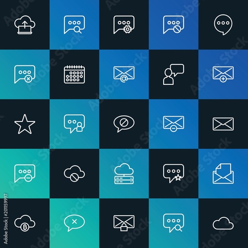 Modern Simple Set of cloud and networking, chat and messenger, email Vector outline Icons. ..Contains such Icons as  block, sms and more on dark and gradient background. Fully Editable. Pixel Perfect.