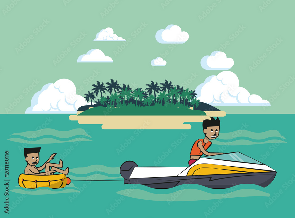 Man in float attached to boat vector illustration graphic design