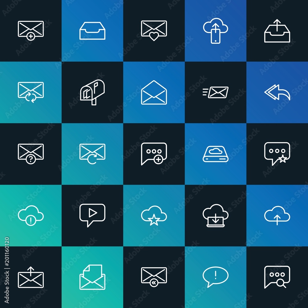 Modern Simple Set of cloud and networking, chat and messenger, email Vector outline Icons. ..Contains such Icons as  envelope and more on dark and gradient background. Fully Editable. Pixel Perfect.