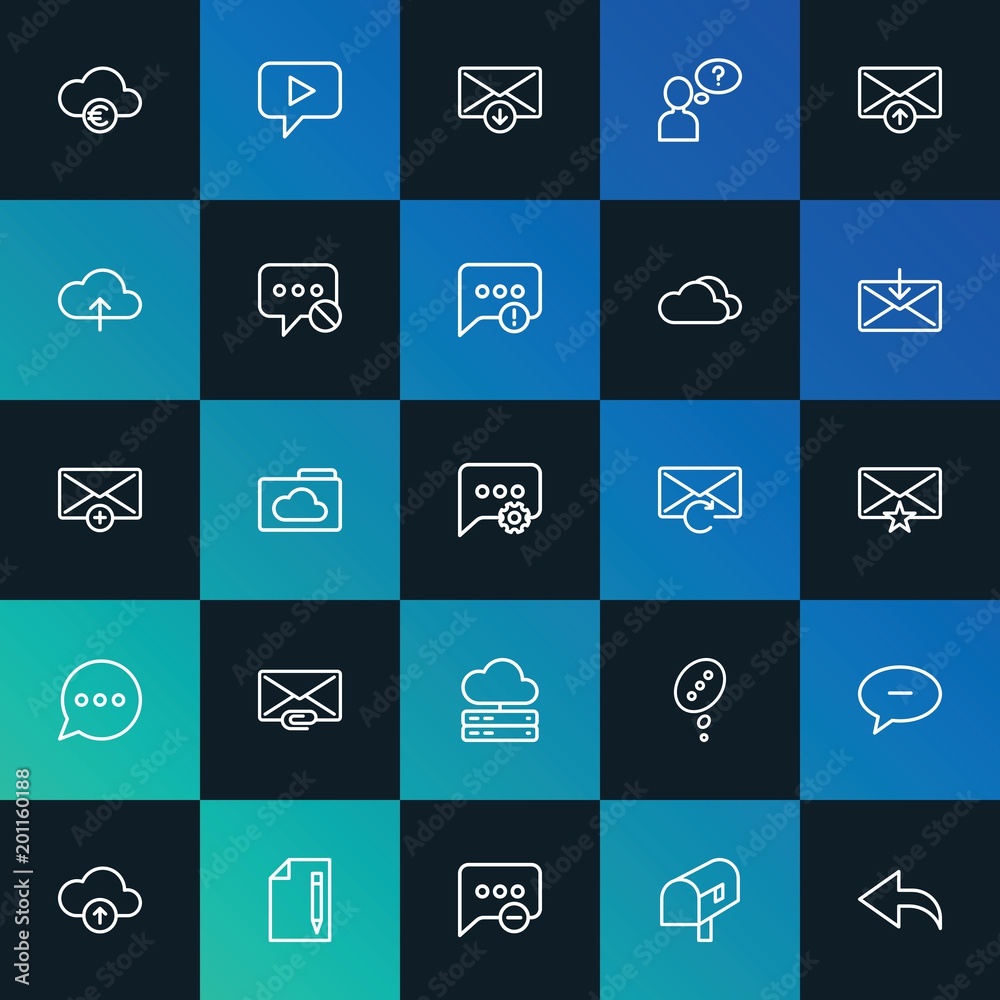 Modern Simple Set of cloud and networking, chat and messenger, email Vector outline Icons. ..Contains such Icons as euro, sky and more on dark and gradient background. Fully Editable. Pixel Perfect. Modern Simple Set of cloud and networking, chat and messenger, email Vector outline Icons. ..Contains such Icons as euro, sky and more on dark and gradient background. Fully Editable. Pixel Perfect.