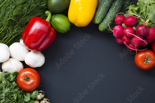 Composition with different fresh organic fruits and vegetables. Copy space. Top view. Flat lay.