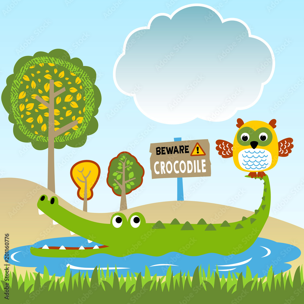 life in the swamp with crocodile and owl, vector cartoon illustration life in the swamp with crocodile and owl, vector cartoon illustration