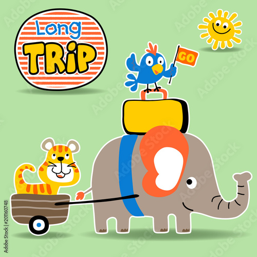 animals holiday time at summer, tiger, elephant, bird. vector cartoon illustration