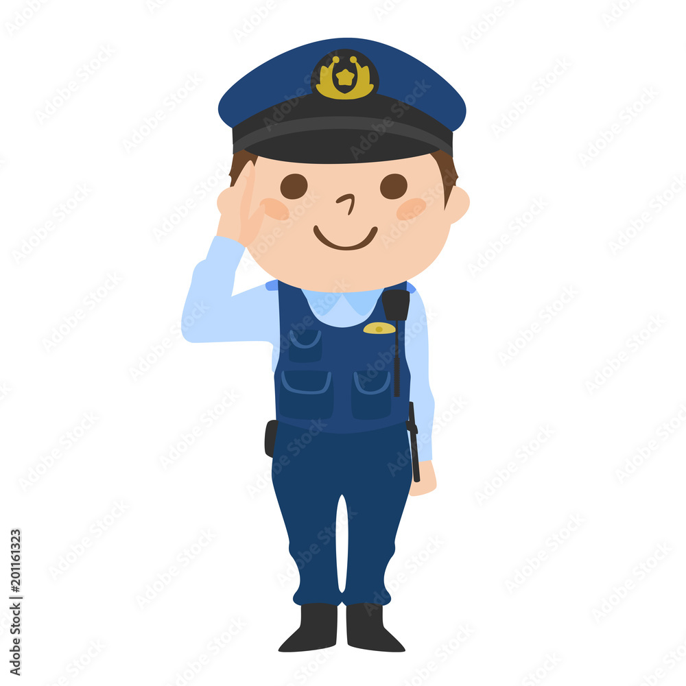 笑顔で敬礼する日本の男性警察官のイラスト。