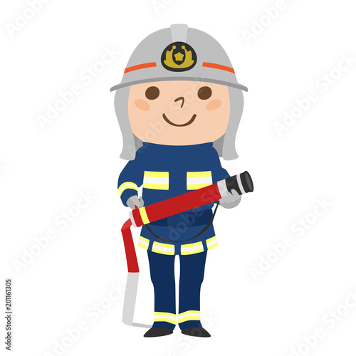 ホースを持って練習する男性消防隊のイラスト。