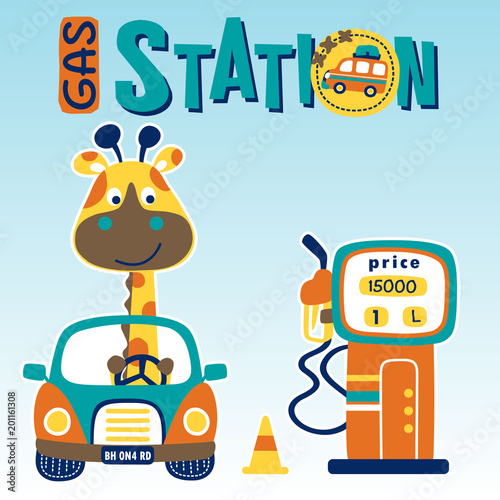 Funny giraffe on little car  filling gasoline  vector cartoon illustration