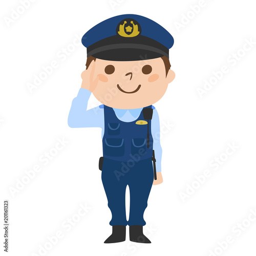 笑顔で敬礼する日本の男性警察官のイラスト。