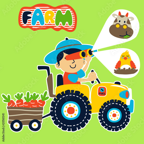 Young farmer driving tractor carry harvest with his livestock, vector cartoon illustration
