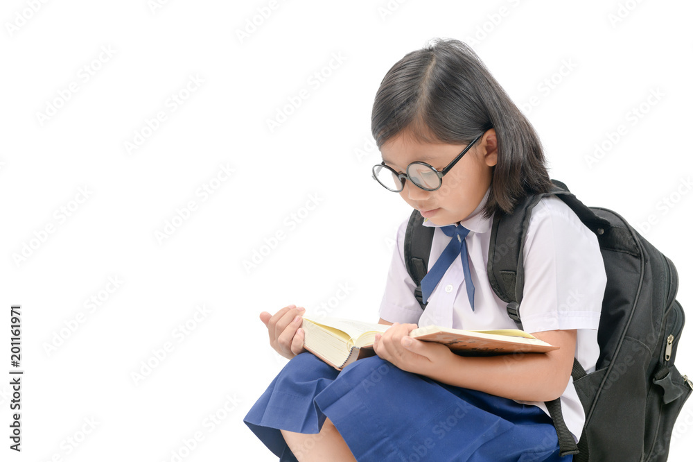 asian girl wear eyeglasses reading book isolated asian girl wear eyeglasses reading book isolated