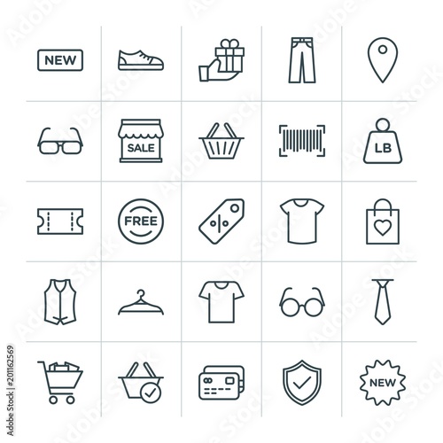 Modern Simple Set of clothes, shopping Vector outline Icons. ..Contains such Icons as circle,  fashion, new,  map,  retro,  security, basket and more on white background. Fully Editable. Pixel Perfect