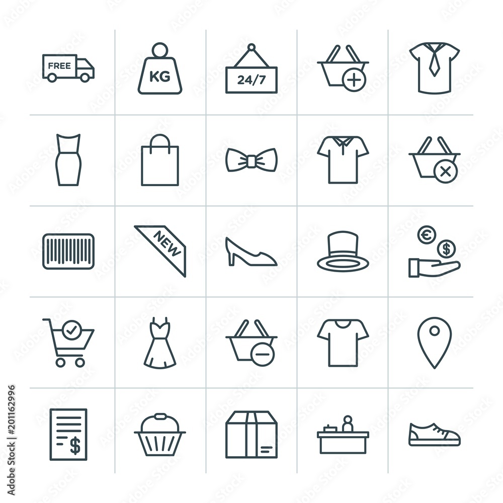 Modern Simple Set of clothes, shopping Vector outline Icons. ..Contains