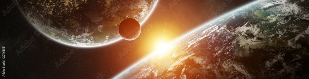 Naklejka premium Panorama of distant planet system in space 3D rendering elements of this image furnished by NASA