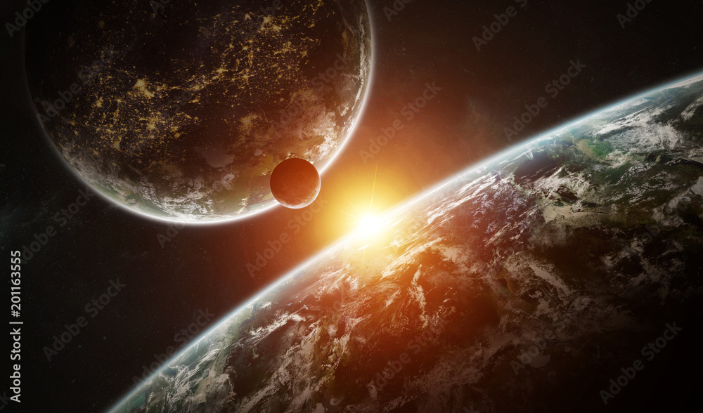 Fototapeta premium Distant planet system in space with exoplanets 3D rendering elements of this image furnished by NASA