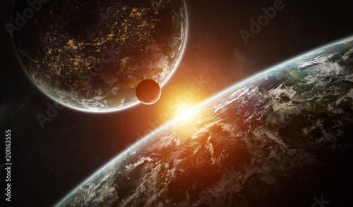 Fototapeta Naklejka Na Ścianę i Meble -  Distant planet system in space with exoplanets 3D rendering elements of this image furnished by NASA
