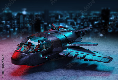 Fototapeta Naklejka Na Ścianę i Meble -  Futuristic spacecraft isolated on dark background 3D rendering