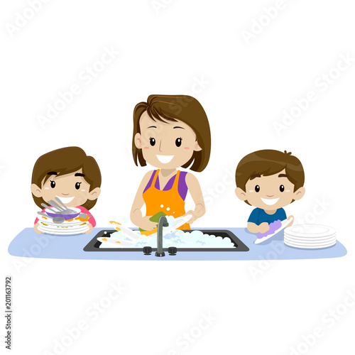 Vector Illustration of 2 Kids helping their mother washing the dishes