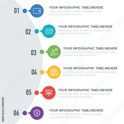 Flat business, money infographic timeline template with 7 options for presentations, advertising, annual reports