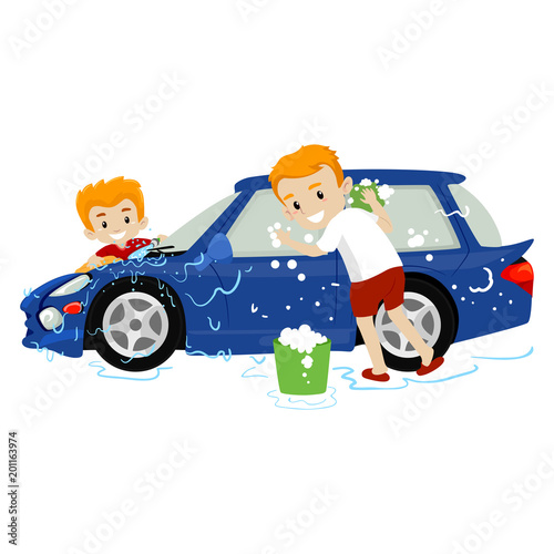 Vector Illustration of Father and Son washing the Car