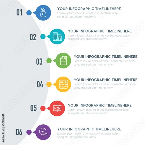 Flat business, money infographic timeline template with 7 options for presentations, advertising, annual reports