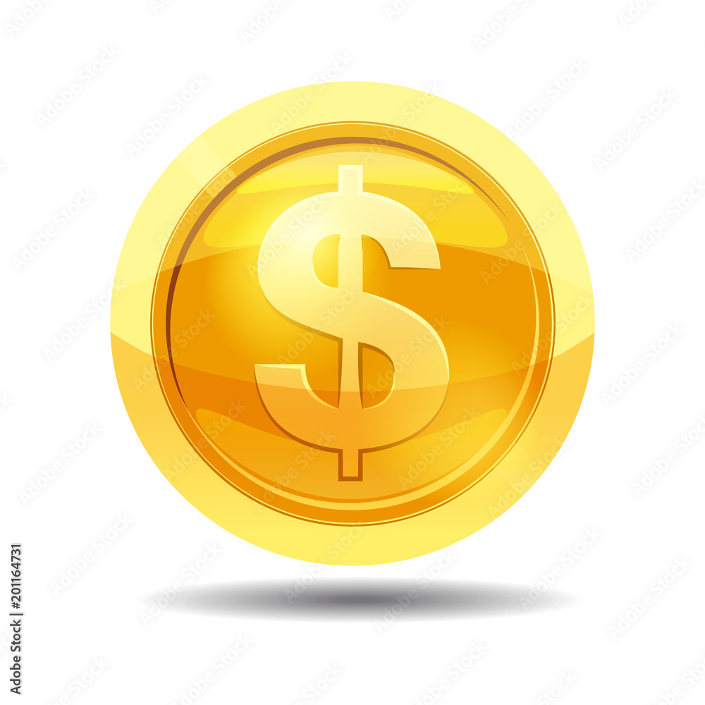 Game coin with currency dollar, game interface, gold, vector, cartoon style, isolated Game coin with currency dollar, game interface, gold, vector, cartoon style, isolated