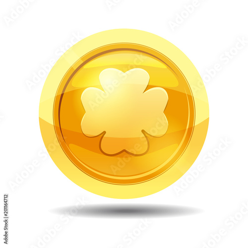 Game coin with clover leaf, game interface, gold, vector, cartoon style, isolated