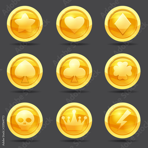 Set of game coins, game interface, gold, vector, cartoon style, isolated