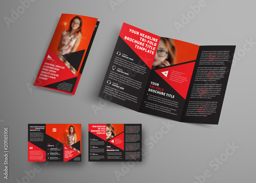Template vector black tri-fold brochure with triangular elements and place for photo.