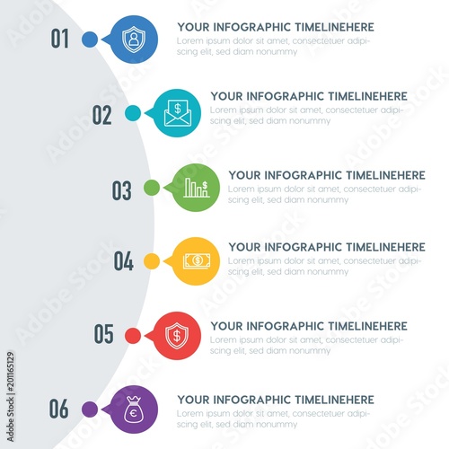 Flat business, money infographic timeline template with 7 options for presentations, advertising, annual reports