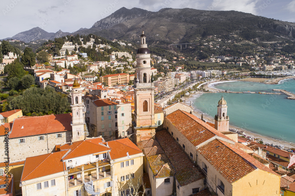 Menton, old city houses and sea in the morning, French riviera