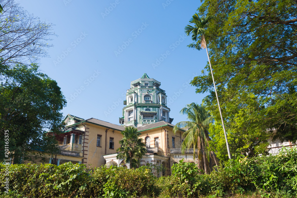 YANGON, MYANMAR - JAN 11, 2015 : Yangon old building architecture in Chinatown, Yangon, Myanmar