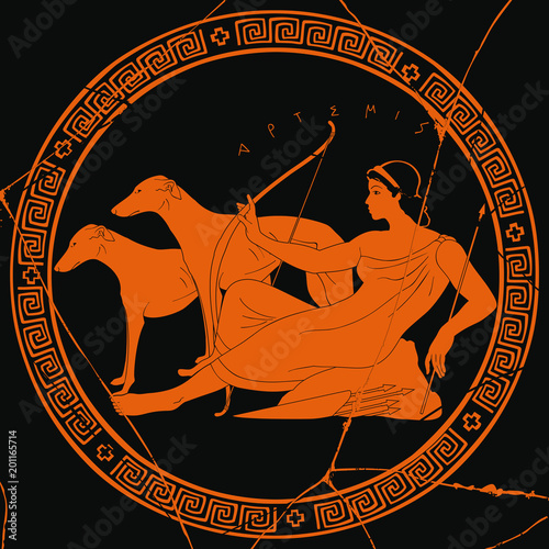 Ancient Greek goddess Artemis with a bow and arrows is in the tunic and two dogs. Drawing on a black background with the crack and aging effect. photo