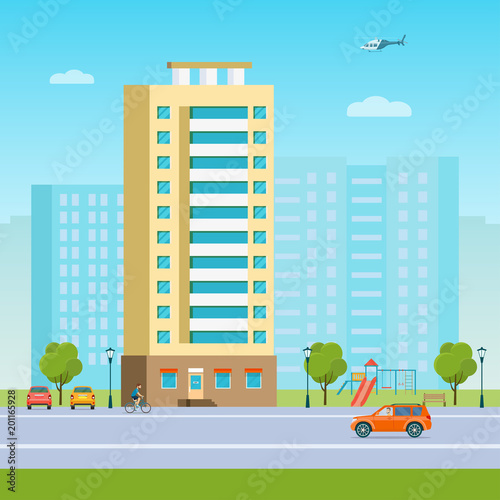 New appartment building and children's playground at the residental area. Vector flat style illustration.