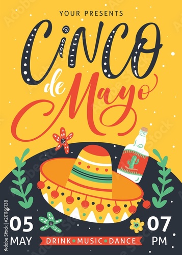 Cinco De Mayo poster design with hand written text.