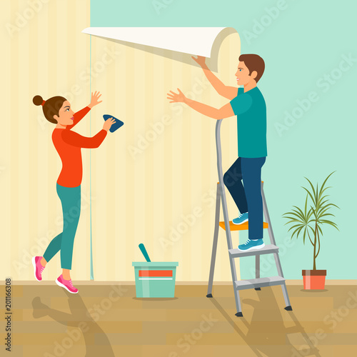 Man and woman glues wallpaper at home. Vector flat style illustration.