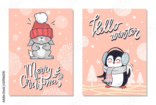 Merry Christmas Greeting Cards with Penguin Rabbit
