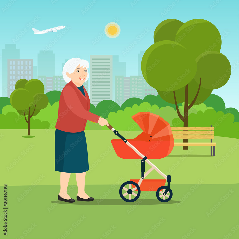 Gandmother walking in the Park with a stroller on sunny day. Vector flat style illustration. Gandmother walking in the Park with a stroller on sunny day. Vector flat style illustration.